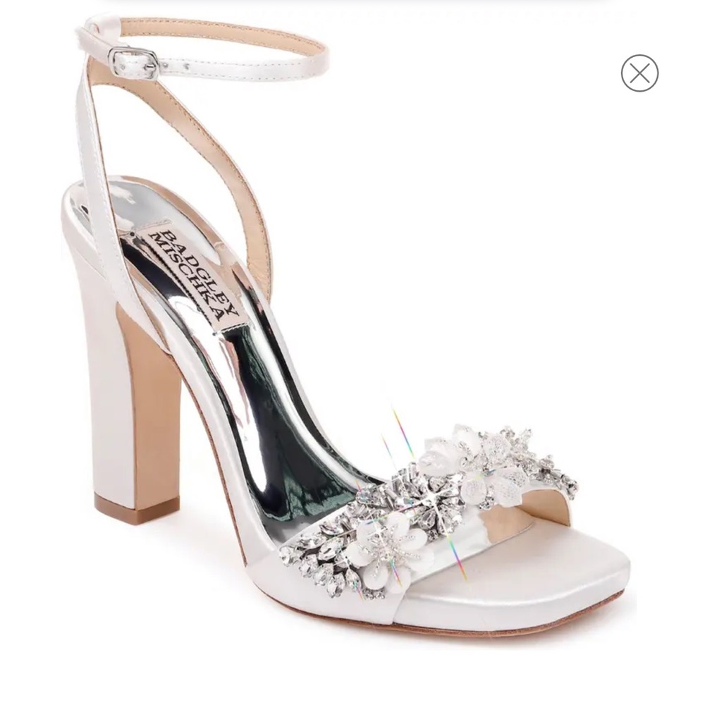 - Badgley Mischka Alexa Rhinestone flower ornament white satin embellished…8.5